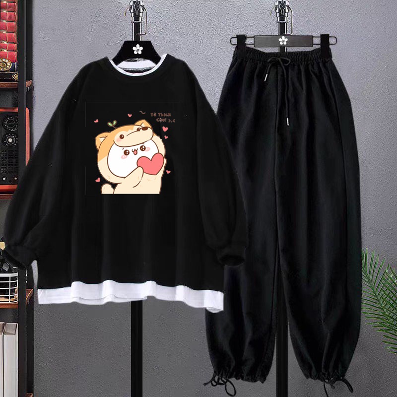 Sét bộ áo nỉ cotton Tớ thích cậu + quần bom chun , Áo nỉ Unisex from rộng, thiết kế phong cách hàn quốc - MODY