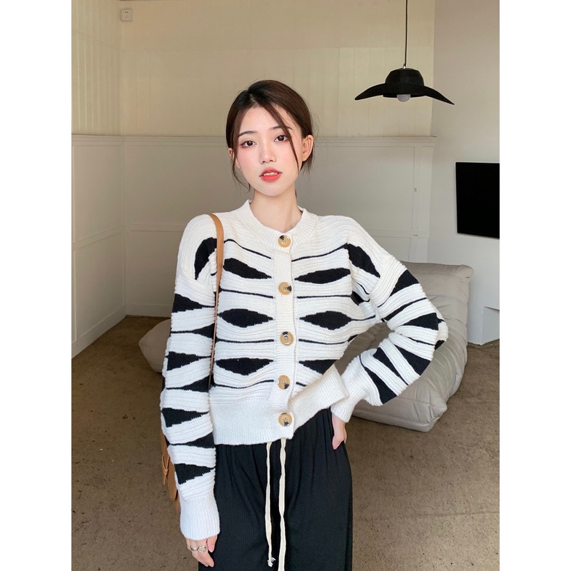 ZHELIHANGFEI Áo Cardigan Dệt Kim Tay Dài Dáng Rộng Lưng Cao Kẻ Sọc Thiết Kế Ngọt Ngào