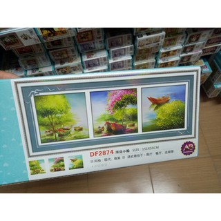 tranh đính đá bộ 3 tranh thuyền hoa trên sông kt 150x50cm