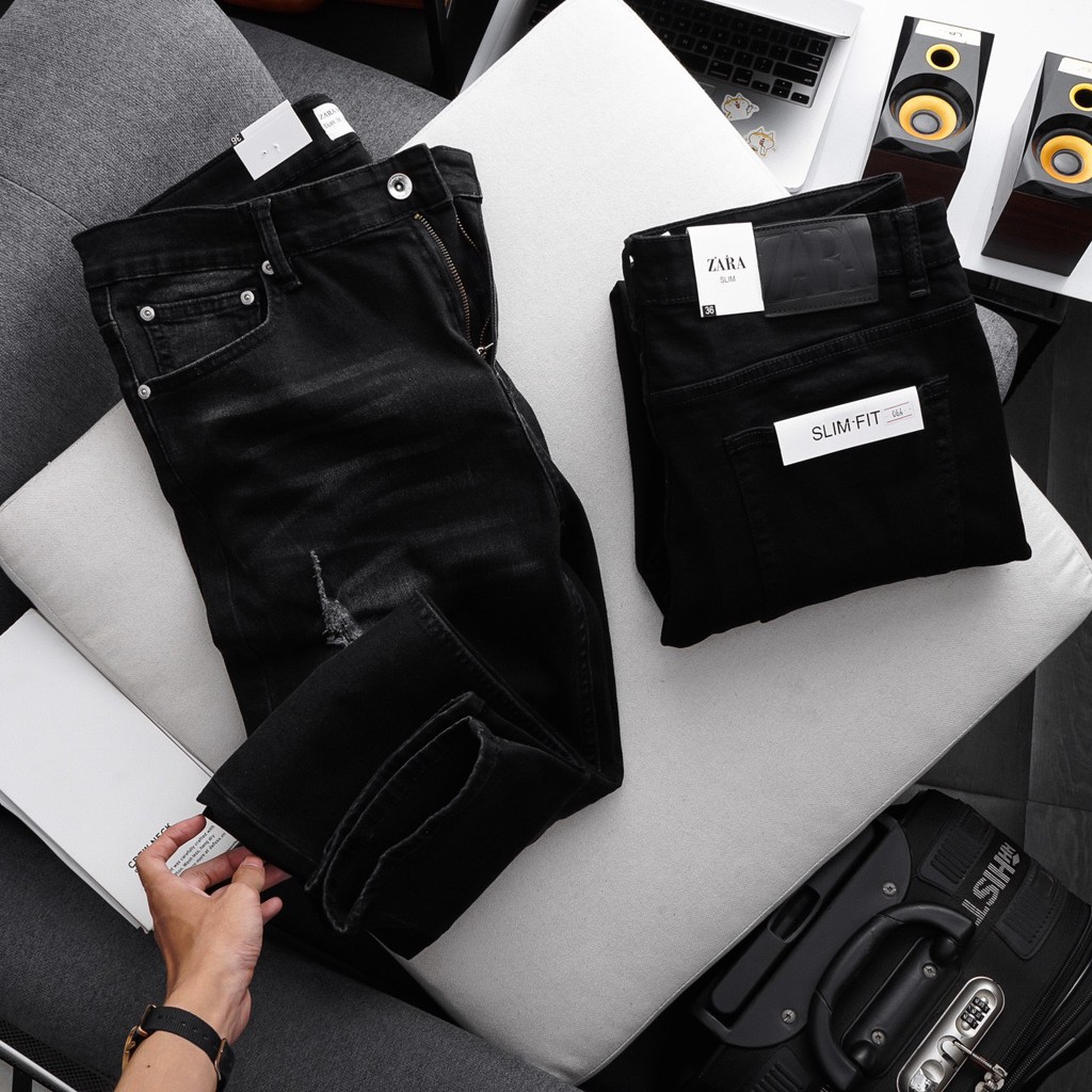 [bigsize &lt; 130kg] quần jean nam rách 2 gối bigsize màu đen ống đứng mã 06