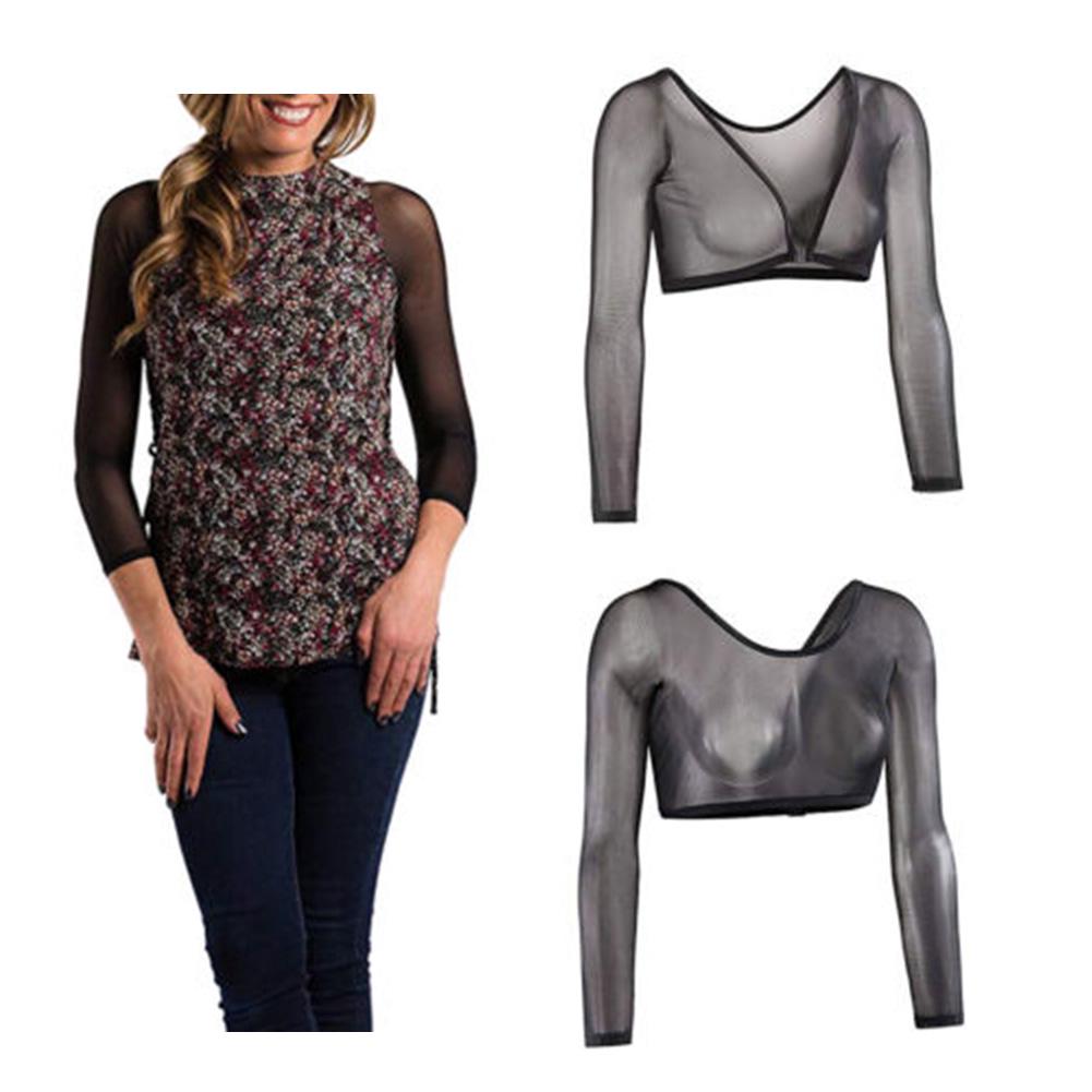 Áo crop top tay dài phối lưới xuyên thấu