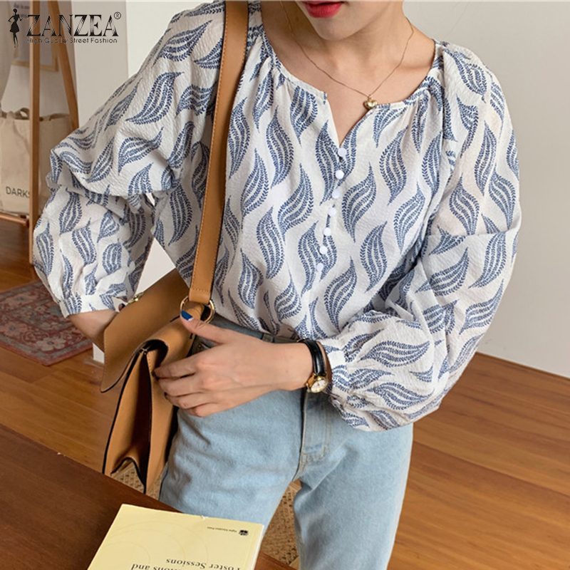 Áo ZANZEA tay dài cổ chữ O họa tiết hình học trang trí xếp ly trẻ trung cho nữ