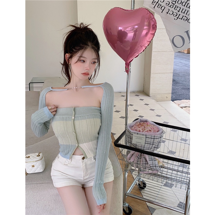 Áo Dệt Kim Tay Dài Dáng Ngắn Thời Trang Thu Đông Hàn Quốc Mới