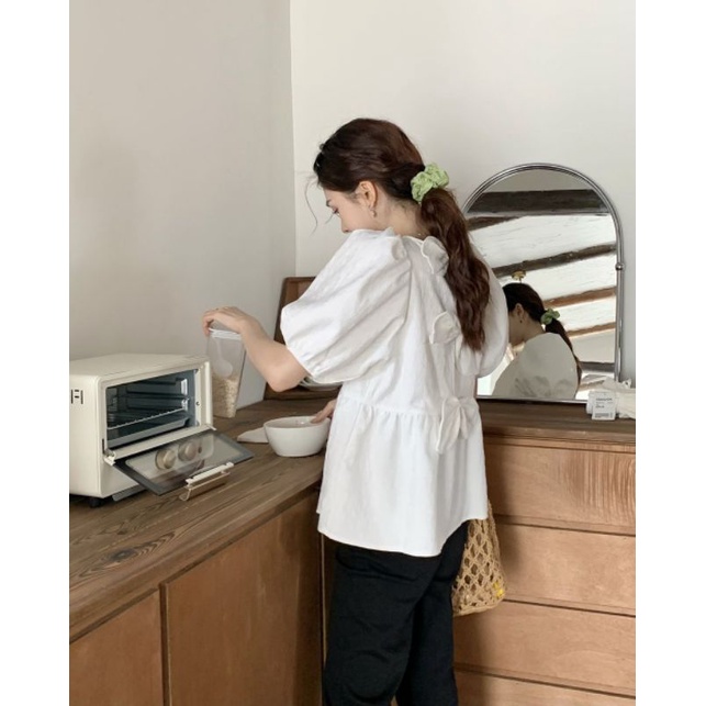 Áo Babydoll Vải Nhăn Tay Bồng Bo Chun Nơ Xinh Xắn Phong Cách Retro ❤️