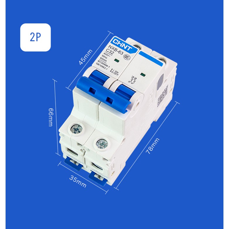 Aptomat Chint NXB-63 2P 16A, 20A,cầu dao tự động đóng cắt thiết bị điện ,bảo vệ quá tải (CHÍNH HÃNG CHINT)