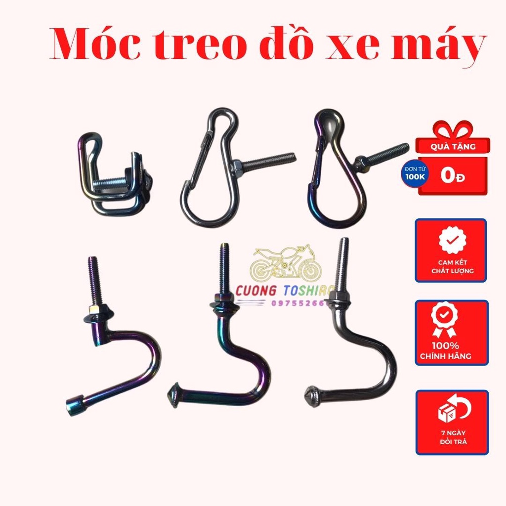 Móc treo đồ xe máy loại chữ U, loại kẹp, loại móc câu, dấu hỏi inox titan 7 màu gắn lắp cho mọi dòng xe
