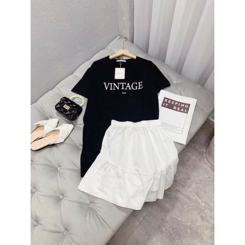 Bộ Chân Váy Áo Thun Vintage,Set Váy Xoè Ullzang Kèm Áo Phông Cộc Tay Vintage