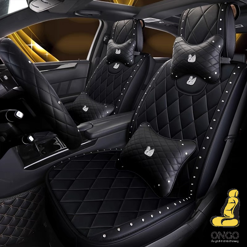 Áo Ghế Ô tô Da Trần Chỉ Trám Logo Thiên Nga/Vương Miện - Tặng Bọc Vô Lăng + Tựa Đầu + Tựa Lưng