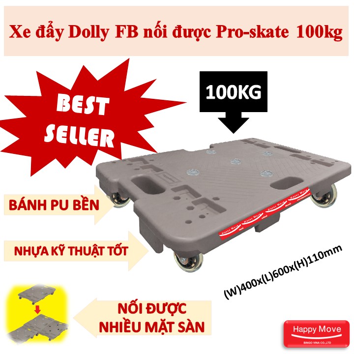 Xe đẩy Dolly FB nối được Pro-skate Happy Move 100kg - Xe đẩy hàng sàn nhựa SIÊU BÈN không tay đẩy