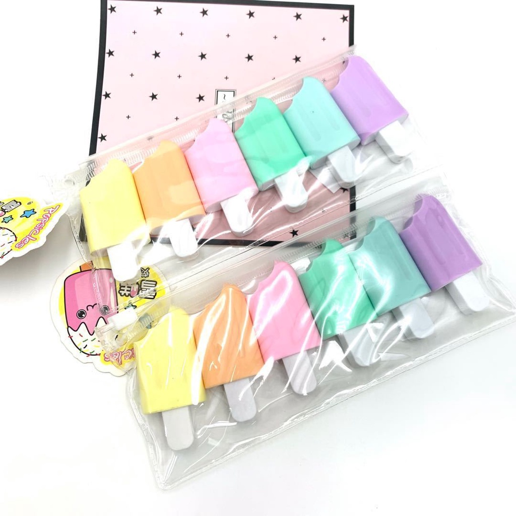 Set 6 Bút Dạ Quang Hình Que Kem Cute Dễ Thương