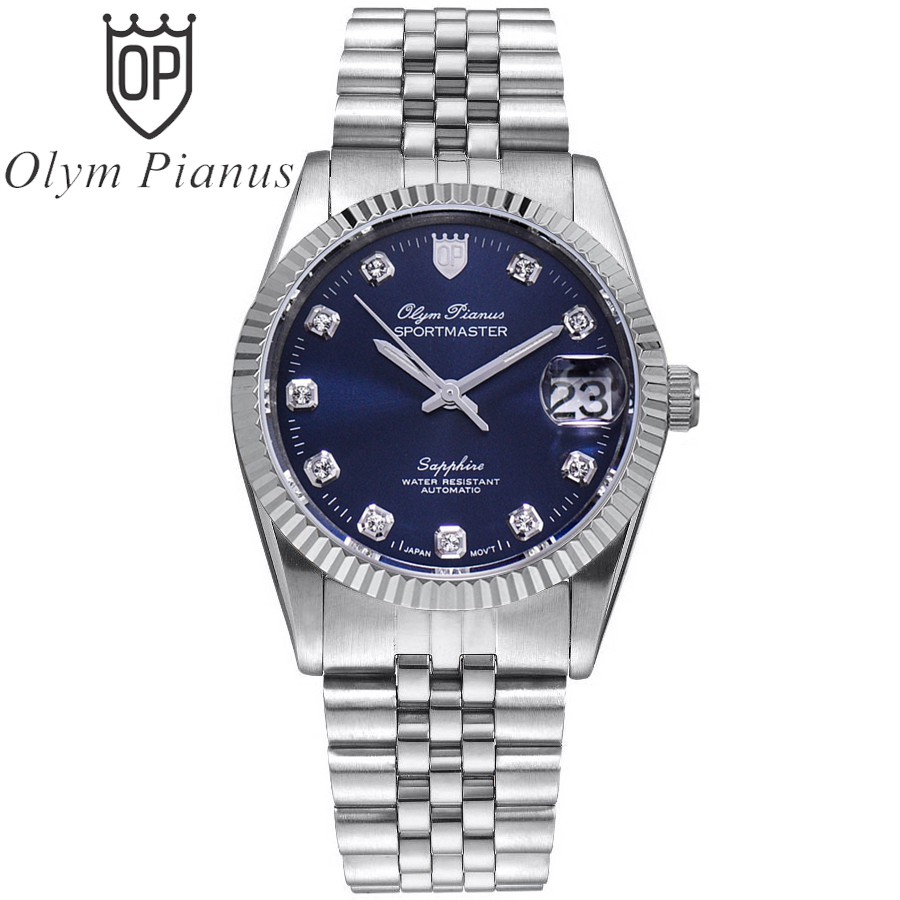 Đồng hồ nam dây kim loại mặt kính sapphire automatic Olym Pianus OP89322 OP89322AGS xanh dương