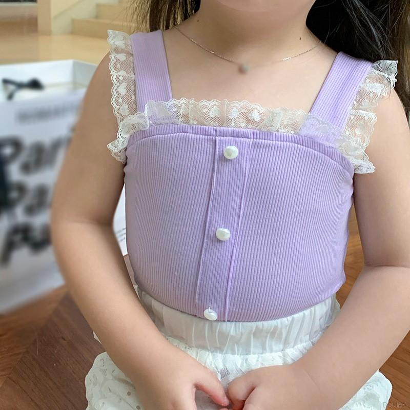 Áo hai dây chất liệu cotton phối ren thời trang mùa hè phong cách Hàn Quốc xinh xắn cho bé gái