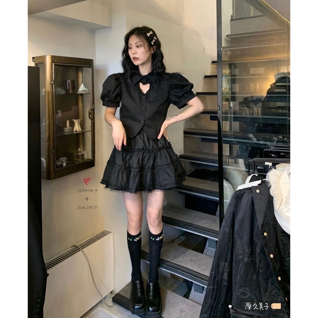 Set Áo Sơ Mi Tay Phồng Kèm Chân Váy Ngắn Xếp Tầng Thời Trang Mùa Hè Dành Cho Nữ