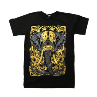 Áo thun đen in 3D Thái Lan hình voi chiến binh xám phủ nhũ vàng T0140