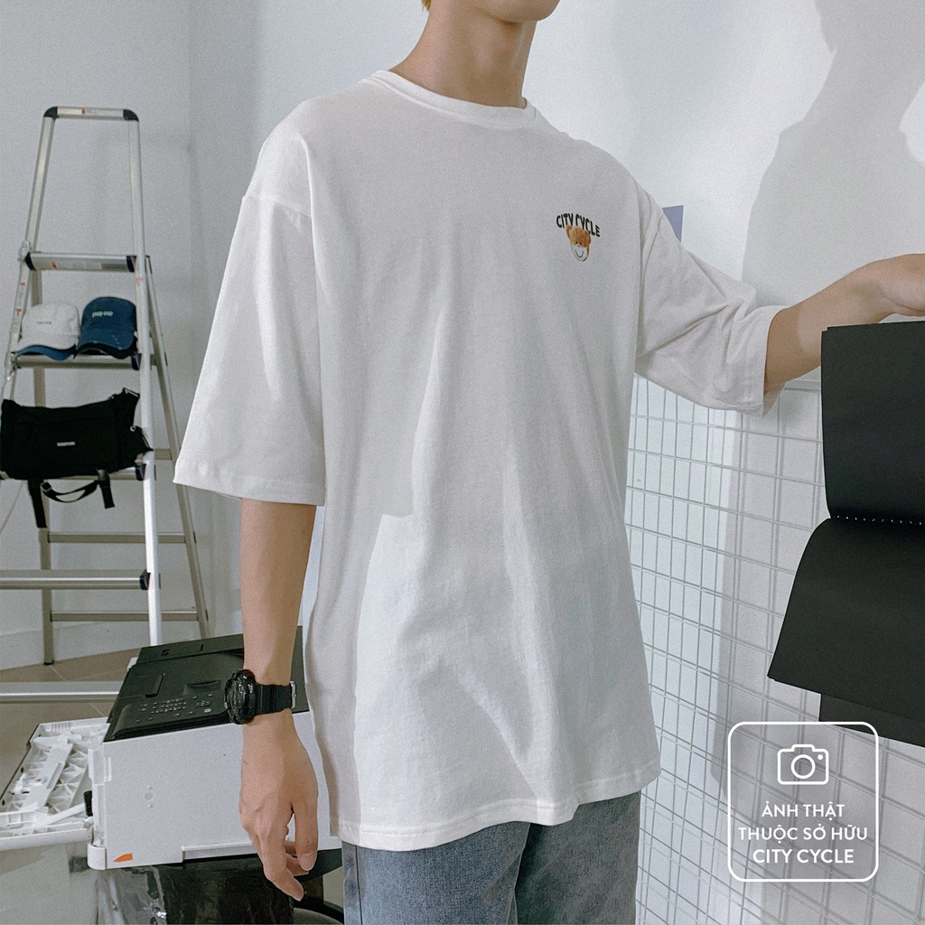 Áo thun tay lỡ Safety Bear form rộng City Cycle - áo thun adlv gấu teddy bear in hình độc đáo big size, 2 màu đen trắng | BigBuy360 - bigbuy360.vn