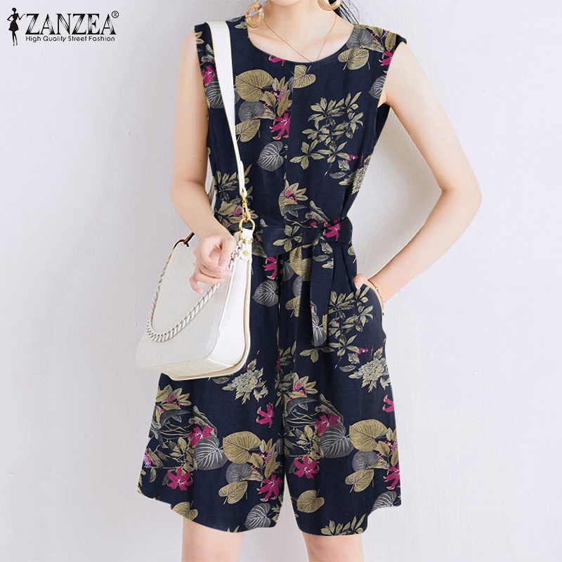Áo liền quần ZANZEA không tay cổ tròn phong cách vintage nhiều màu sắc thời trang cho nữ
