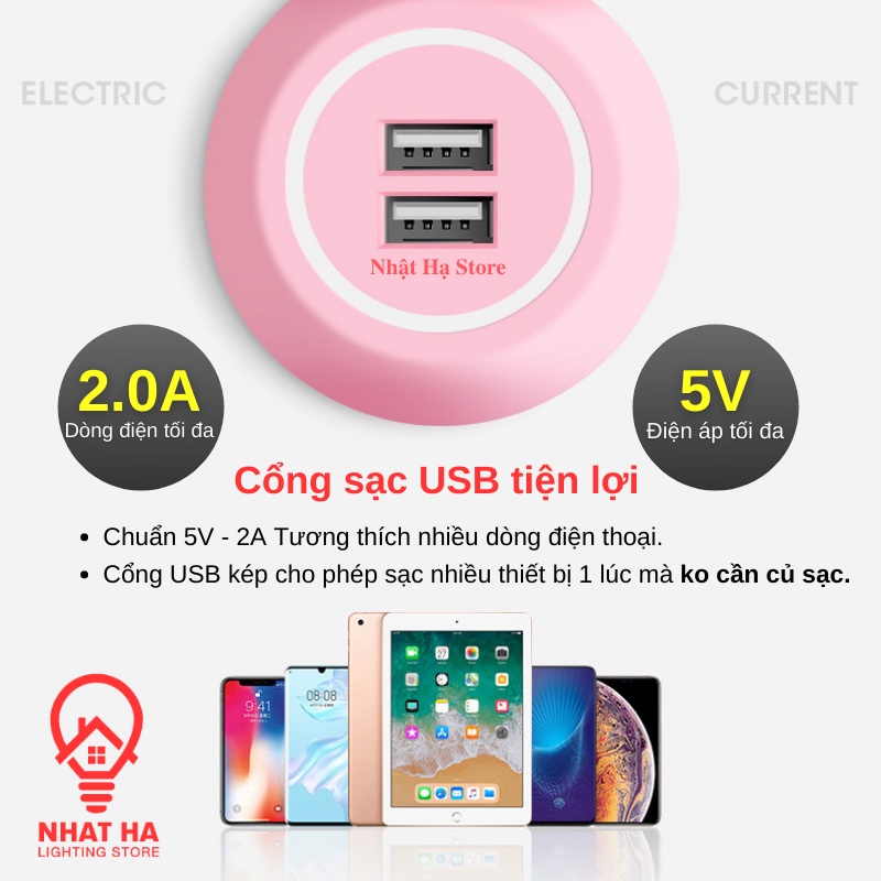 Ổ Cắm Điện Đa Năng Màu Hồng Dễ Thương Nhật Hạ 2 Cổng USB Có Công Tắc, Dây Dài 3m Gắn Tường Tiện Lợi OD-3399