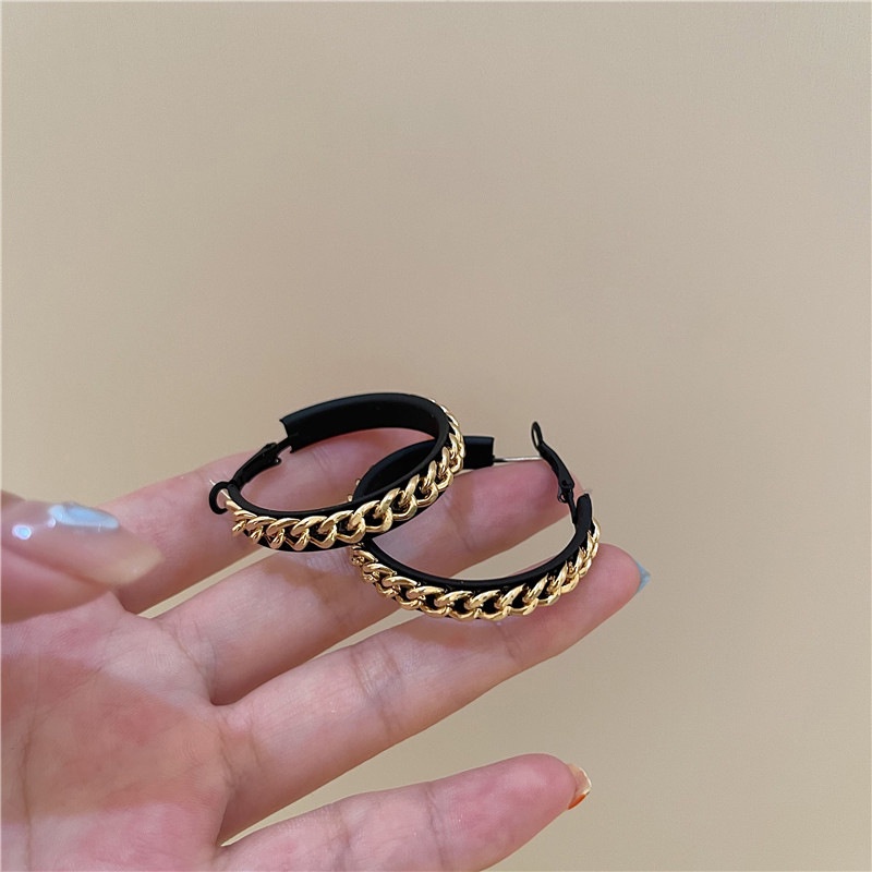 Khuyên tai phối dây xích kim loại màu đen thời trang dành cho nữ