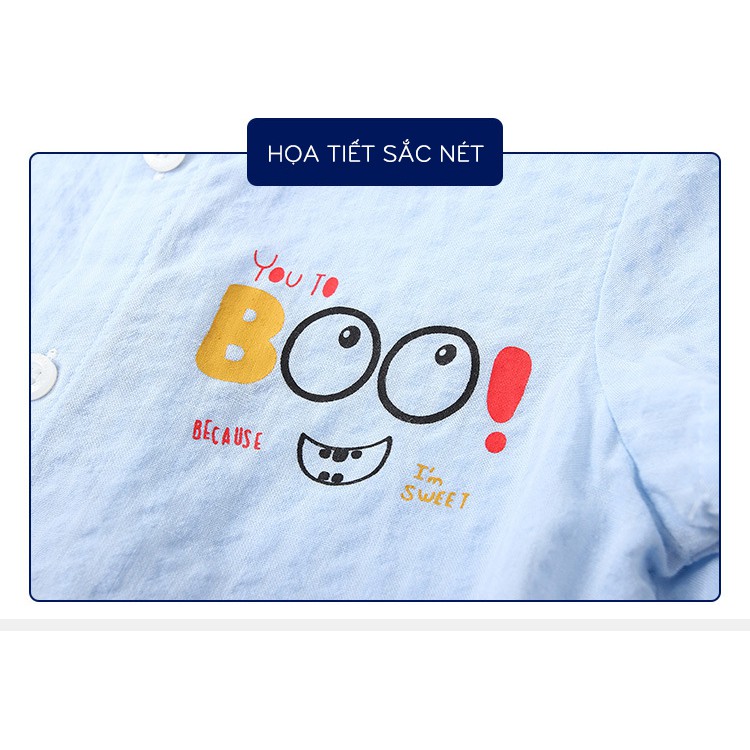 Áo sơ mi cổ tàu cho bé WELLKIDS áo sơ mi cộc tay họa tiết hoạt hình chất cotton hàng xuất Âu Mỹ