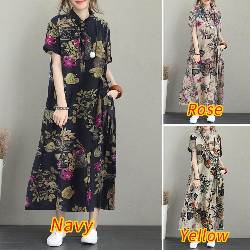Đầm dài Zanzea bằng cotton ngắn tay in họa tiết hoa phong cách cổ điển thời trang cho nữ