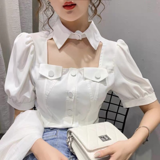 (ORDER) Áo sơ mi croptop cổ cut-out viền cúc to