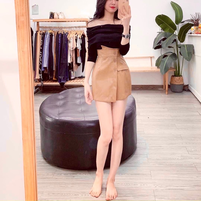 Chân váy da cạp cao vạt chéo loại 1