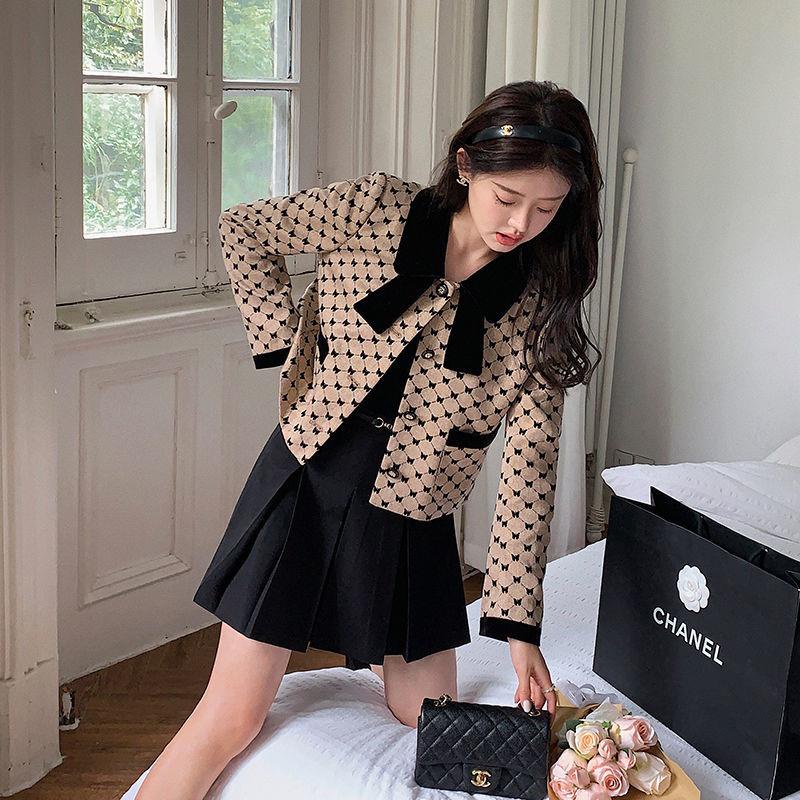 Set áo khoác vest thắt nơ phối chân váy caro phong cách Pháp Retro thời trang mùa thu cho nữ 2021 27 | BigBuy360 - bigbuy360.vn