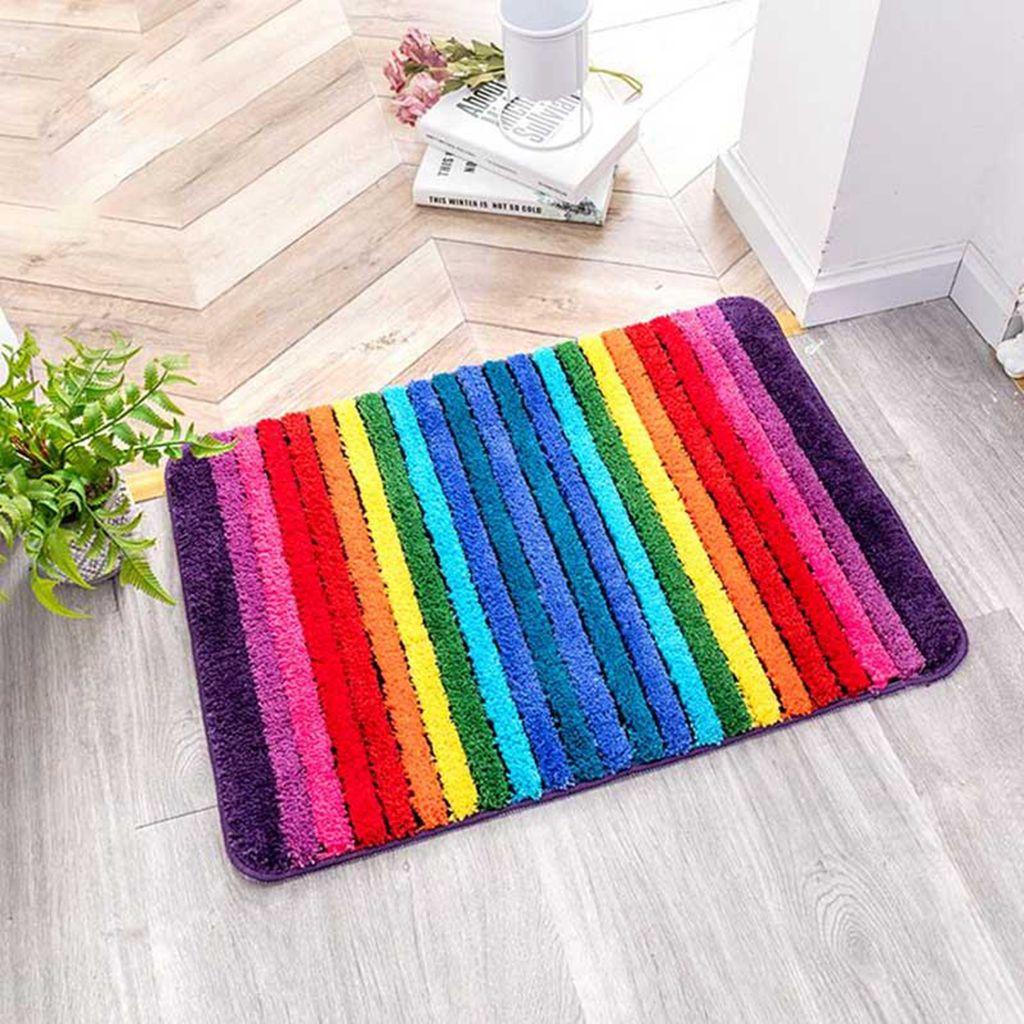 Thảm Lót Sàn Nhà Tắm Chống Trượt Siêu Thấm Hút Hình Chữ Nhật Họa Tiết Kẻ Sọc Cầu Vồng Nhiều Màu