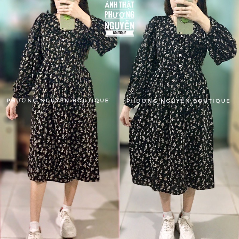 Váy hoa nhí cỏ babydoll cài cúc cổ V dáng dài ulzzang Hàn Quốc | BigBuy360 - bigbuy360.vn