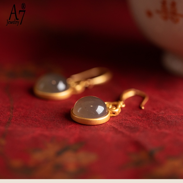 Bông Tai Bạc A7 Đính Ngọc Bích Phong Cách Trung Hoa Cổ Điển