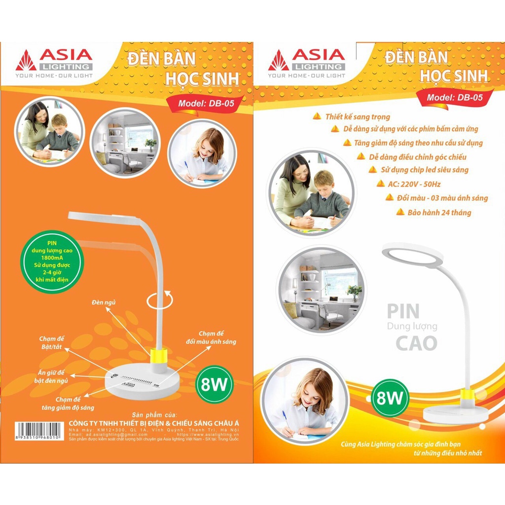 Đèn học để bàn Asia Lighting đèn học chống cận đèn led làm việc đọc sách cảm ứng điều chỉnh độ sáng tích hợp đèn ngủ