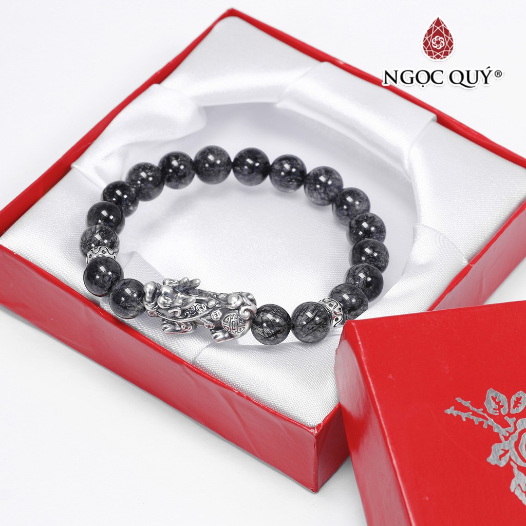 Vòng tay TA tóc đen phối tỳ hưu bạc thái hạt 8mm - Ngọc Quý