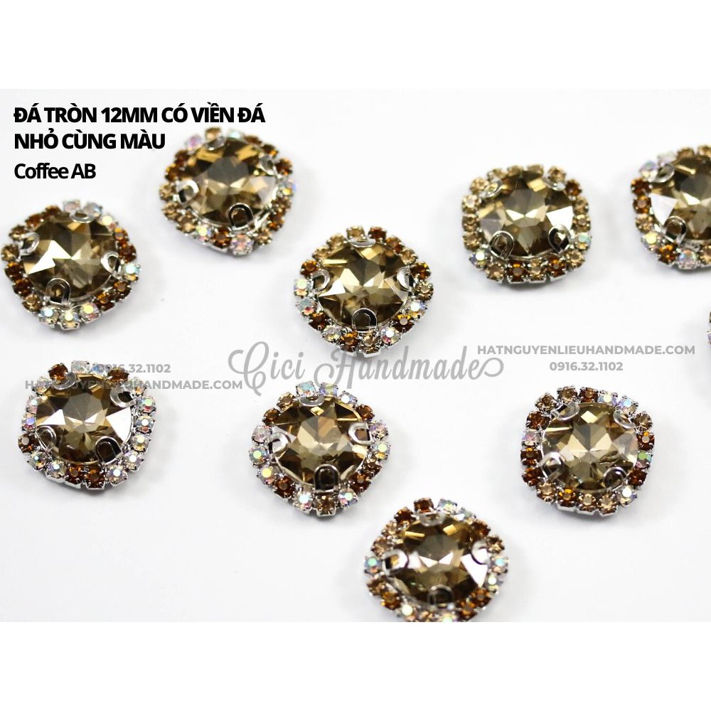 Đá tròn đế trắng 12mm có viền đá nhỏ cùng màu Cici Handmade chuyên hạt đá hạt pha lê hạt cườm hạt trang sức tự làm