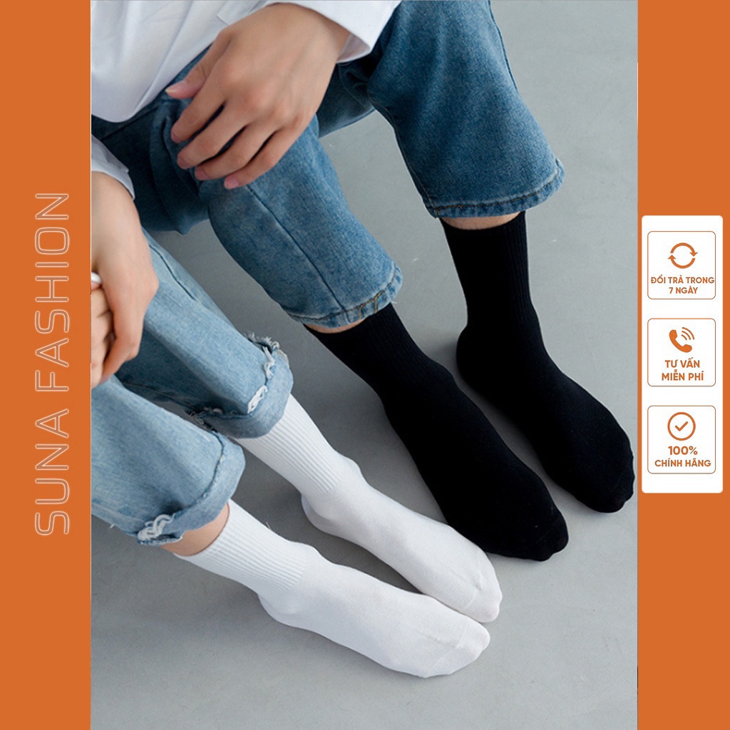 Tất nữ cổ cao Hàn Quốc chất cotton co dãn thấm hút mồ hôi, Tất trơn nam nữ cổ cao kiểu đơn giản