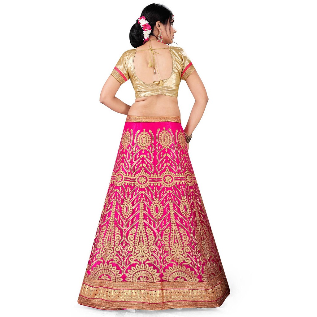 Lehenga Ấn Độ art silk thêu màu hồng cánh sen