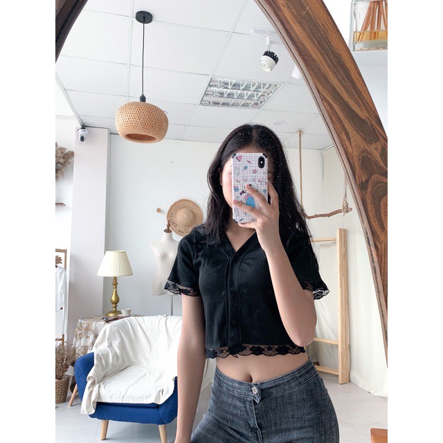 Áo croptop Phối Ren Nữ- Phông Thun Body Cổ V Dáng Ôm Ngắn Tay Ullzang Cá Tính | BigBuy360 - bigbuy360.vn