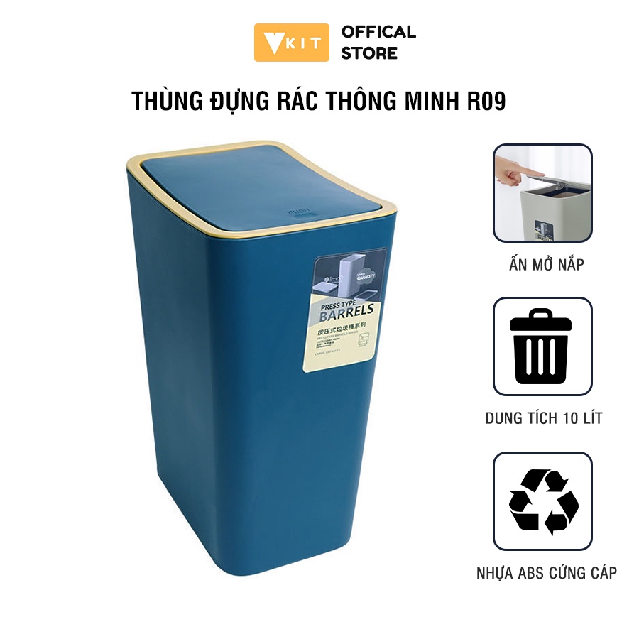 Thùng rác nhựa kèm có nút bấm VKIT- Dung tích 10L R09