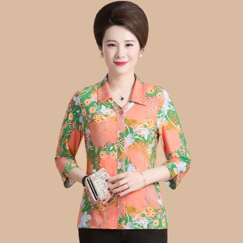 Áo Sơ Mi Tay Dài Dáng Rộng In Họa Tiết Thời Trang Cho Phụ Nữ Trung Niên