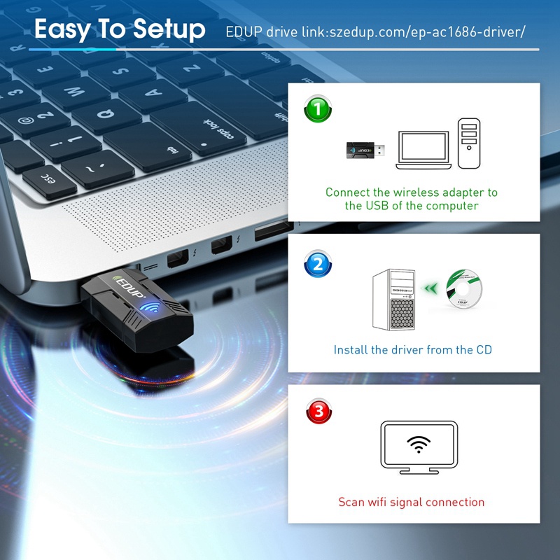 Thẻ Mạng Không Dây 1300M USB3.0 2.4G &amp; 5G Băng Thông Kép Cho PC Laptop