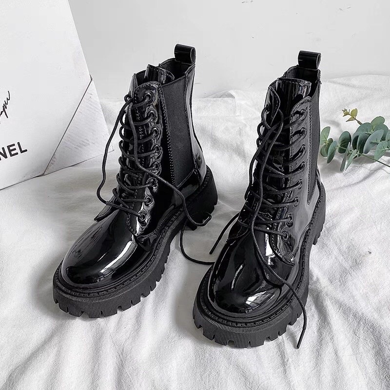Giày boots nữ cao cổ loại sịn cổ chun kèm dây buộc chiel 2 màu siêu hot | BigBuy360 - bigbuy360.vn