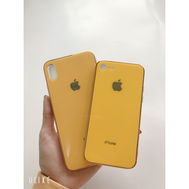 Ốp điện thoại kính cường lực vàng chanh viền dẻo cùng màu với lưng máy Iphone