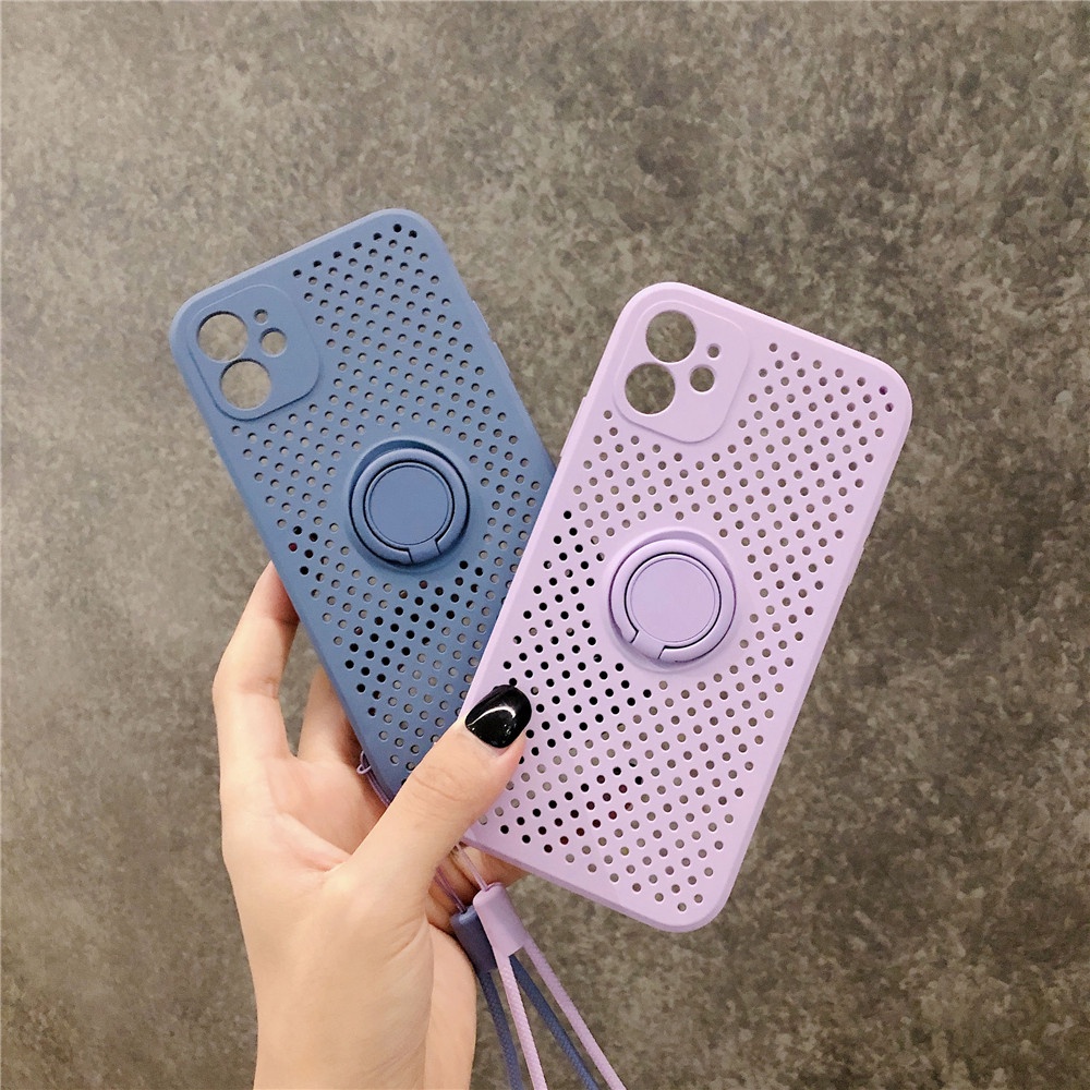 Liquid Silicone Ốp lưng iPhone 12 Soft Case Cover Lens Protect Heat Radiation Apple iPhone 12 Pro Max Soft Silicone Case With Holder+Strap iPhone12 mini iPhone11 Phone Case