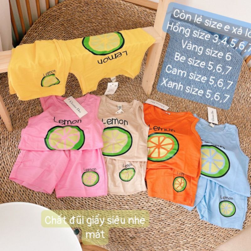 Bộ ba lỗ cho bé gái in hoạ tiết quả chanh xinh xắn, đũi giấy