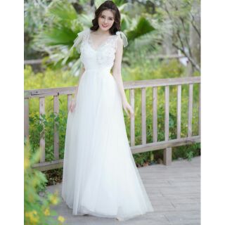 (free chỉnh sửa váy) có form to đầm dạ hội trắng nơ vai váy xòe công chúa đi tiệc chụp ảnh cưới