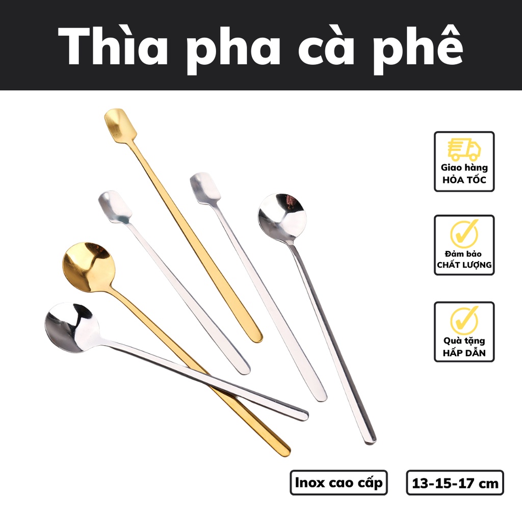 Thìa inox pha tra dụng cụ pha chế cà phê mạ vàng muỗng cafe thiết kế sang trọng cán dài 13 - 15 - 17cm