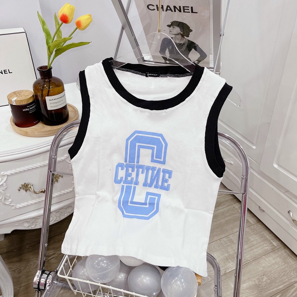 Áo kiểu 3 lỗ viền màu in chữ C to cực xinh , chất thun coton mềm mịn