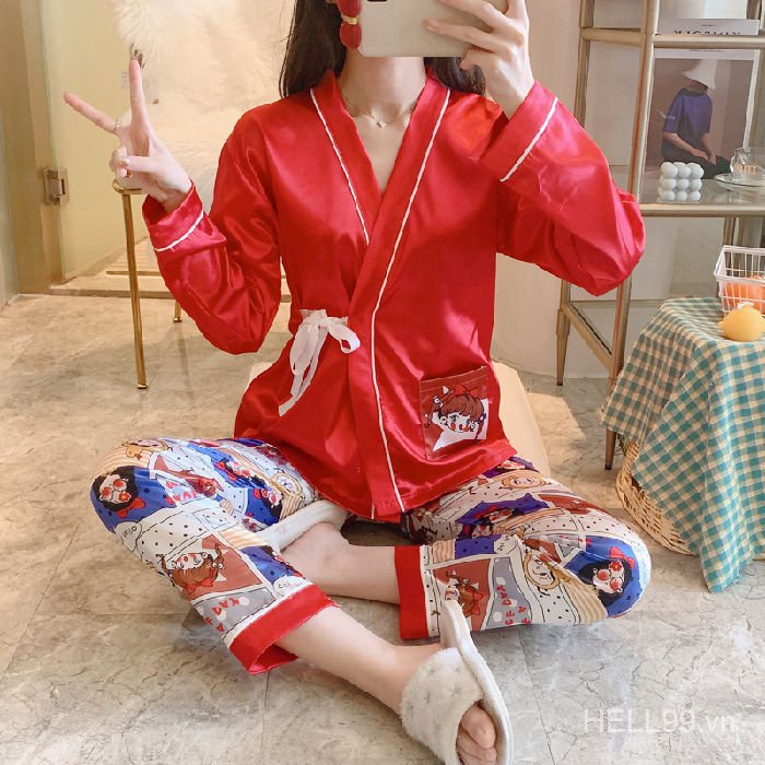 Bộ Đồ Ngủ Kimono Tay Dài Vải Lụa Lạnh Phối Dây Buộc Phong Cách Nhật Bản Thời Trang Xuân Thu Cho Nữ | BigBuy360 - bigbuy360.vn