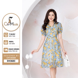 Đầm công sở CITI MODE FASHION thiết kế dáng xoè xanh hoa vàng cổ đức DH3683