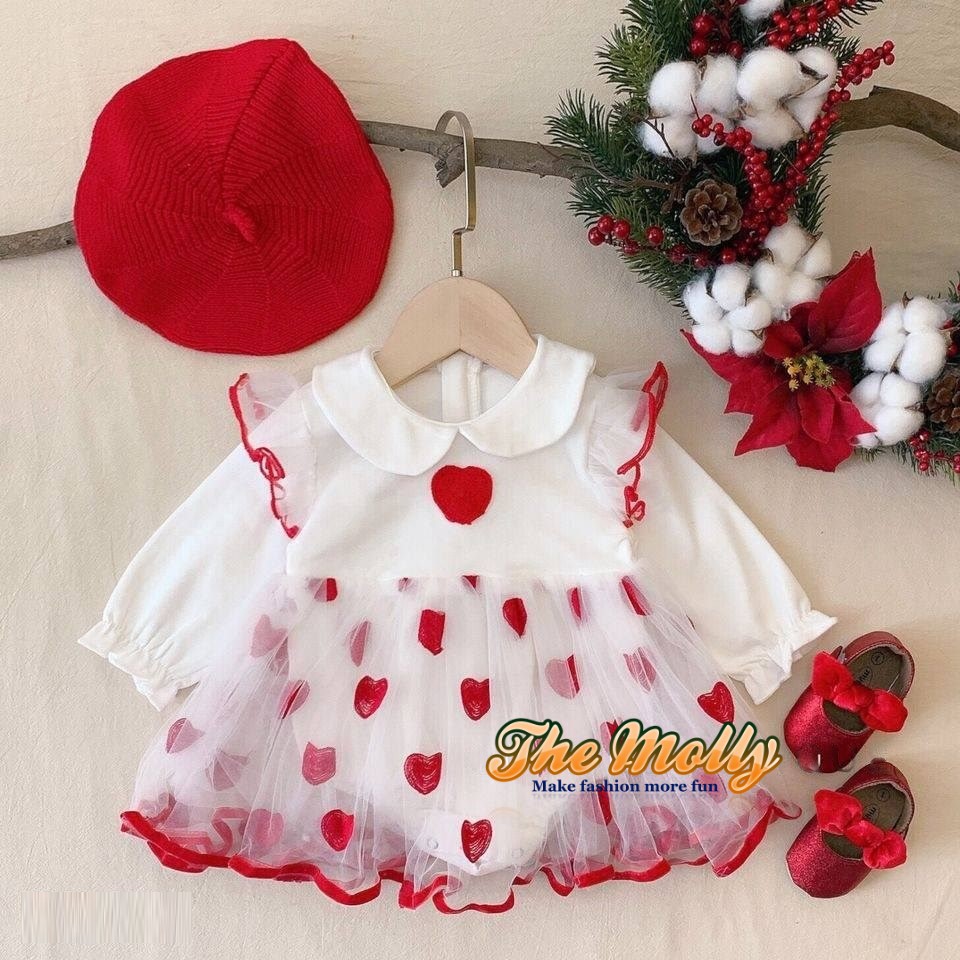 Bộ váy đầm liền quần ren họa tiết tim đỏ cho bé gái (DA16_08)