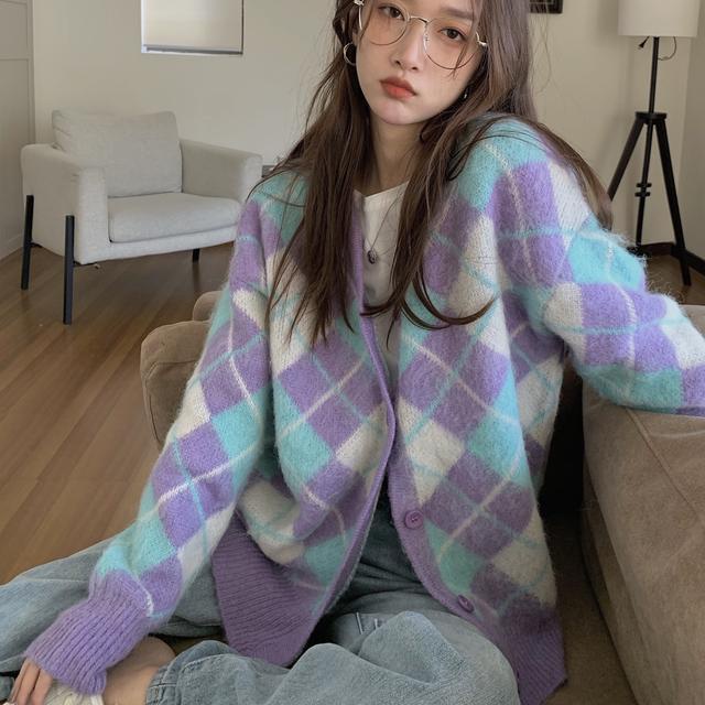 Áo Khoác Cardigan Dệt Kim Vải Nhung Màu Tím Phong Cách Hàn Quốc Mới 2021